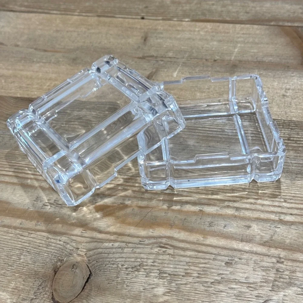 Clear Crystal Square Trinket Box Architectural Jewelry Case 1991 Kusak Engravers